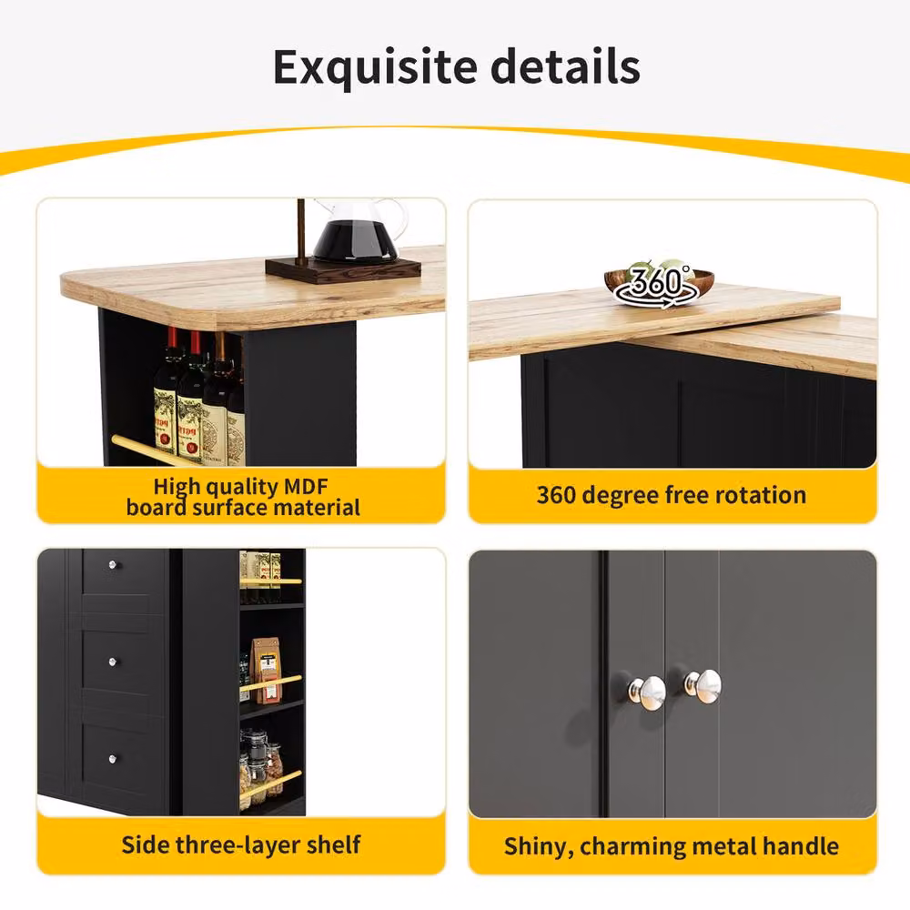 Rolipo 360 Swivel Bar Table and Kitchen Island with 3 Drawers, Black – 5