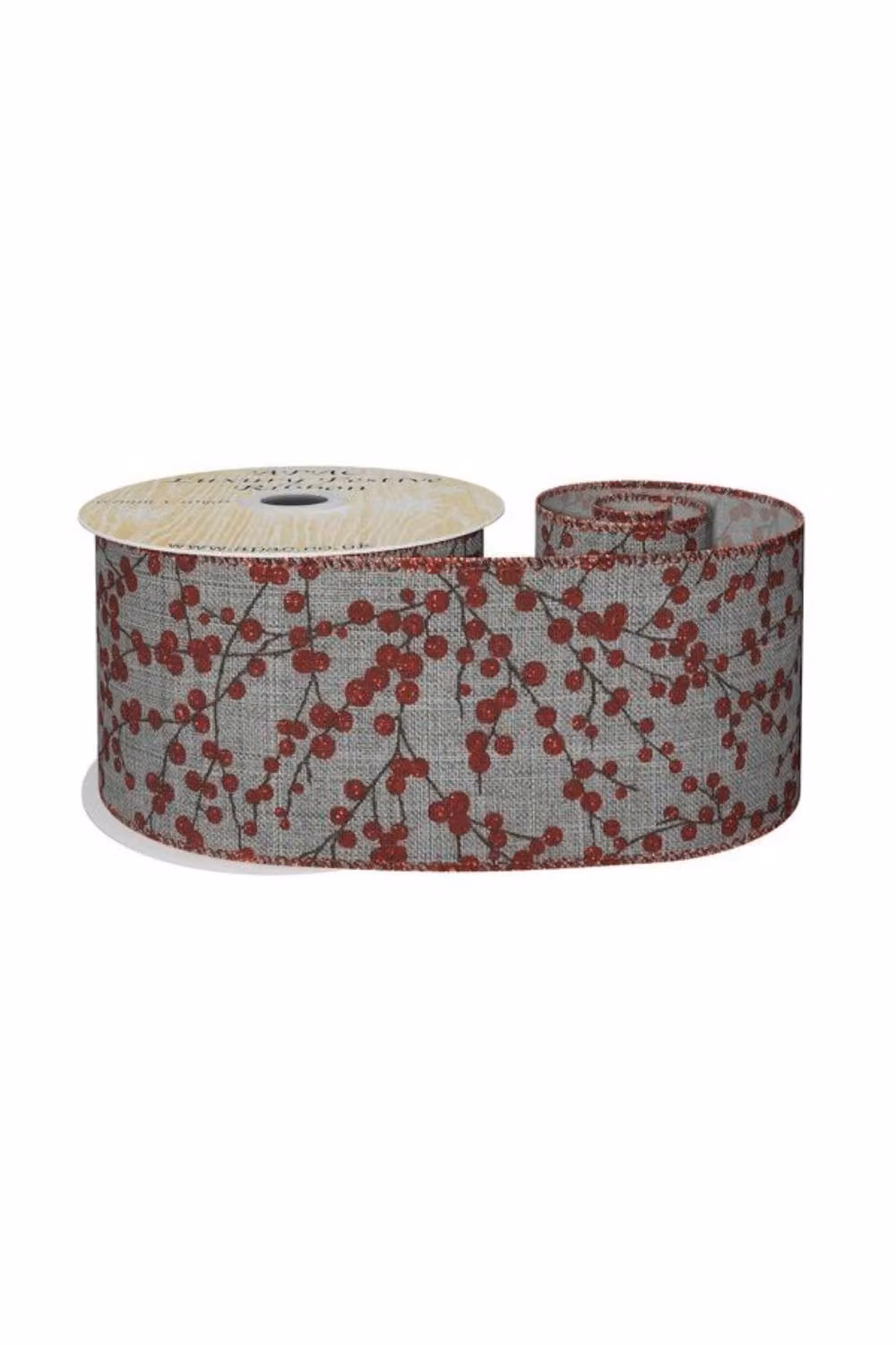 KDMD Red Glitter Berries on Grey Ribbon, Width: 6.3 cm, Length: 9.14 m – 2