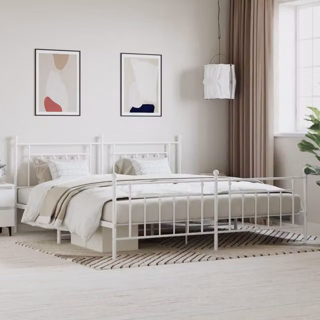 Berkfield Home Metal Bed Frame with Headboard and Footboard in White, W/D/H: 193 x 203 cm