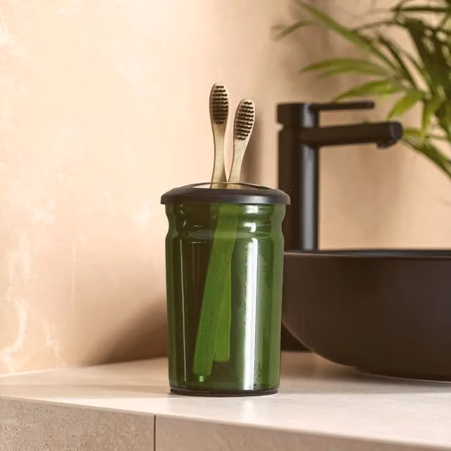 Orsina Green Glass and Stainless Steel Toothbrush Holder