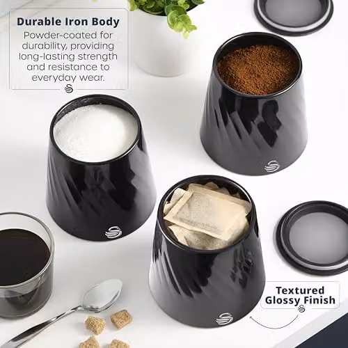 Swan Windsor Set of 3 Metal Canisters for Tea, Coffee and Sugar, Black, 1.3 l each – 4