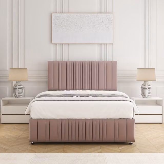 BSSPOKE Rosie Plush Velvet Divan Bed Set with 24 inch Headboard and Mattress in Pink, Double, W/D/H: 140 x 200 cm
