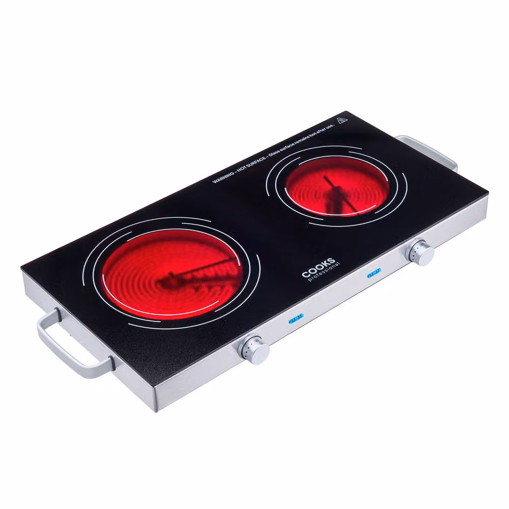 Cooks Professional Double Electric Ceramic Hob Portable Hotplate 2500W in Black and Silver – 3
