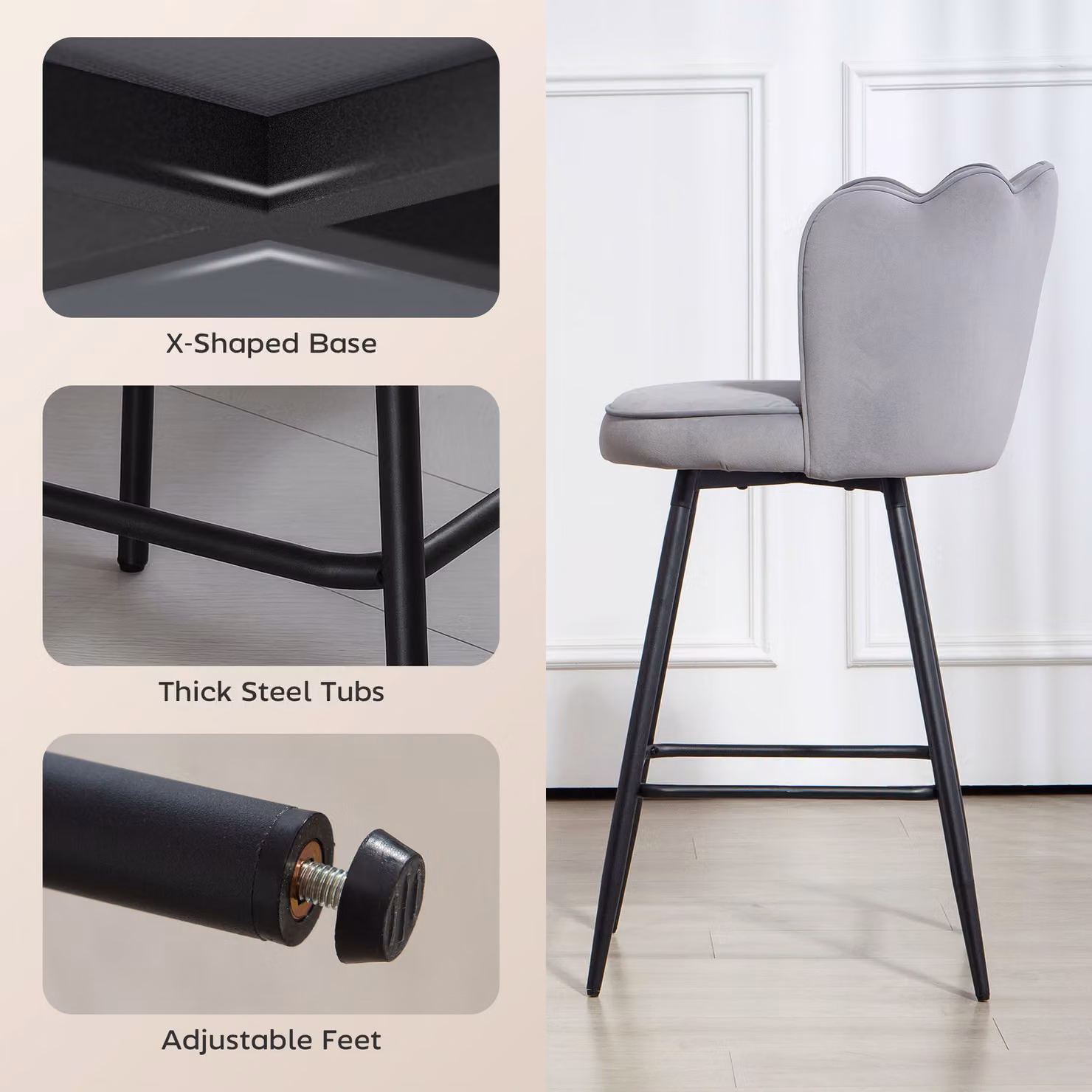 HOMCOM Set of Two Lotus Bar Stools in Grey Velvet Fabric with Metal Legs – 4