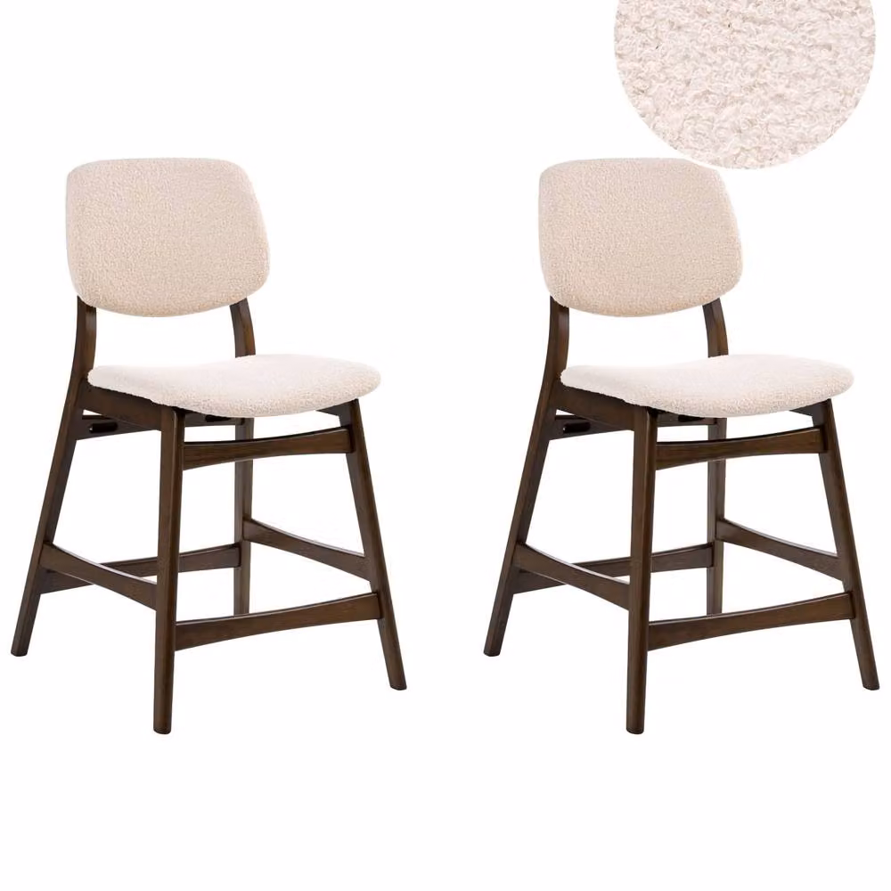 Wyld and Coco Set of 2 Brown Rubberwood Bar Chairs with Beige Boucle Seats – 2