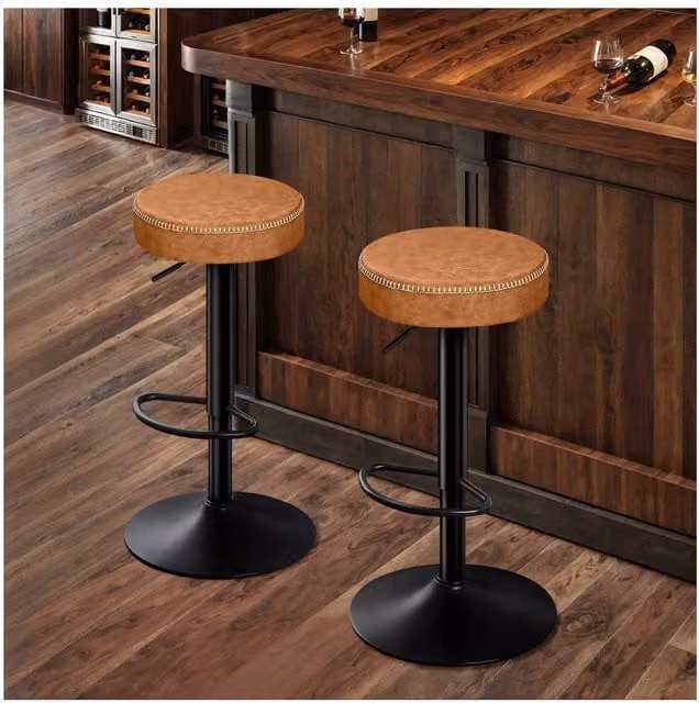 STOOLINK Set of 2 Brown Industrial Metal Breakfast Bar Stools with Swivel and Adjustable Height