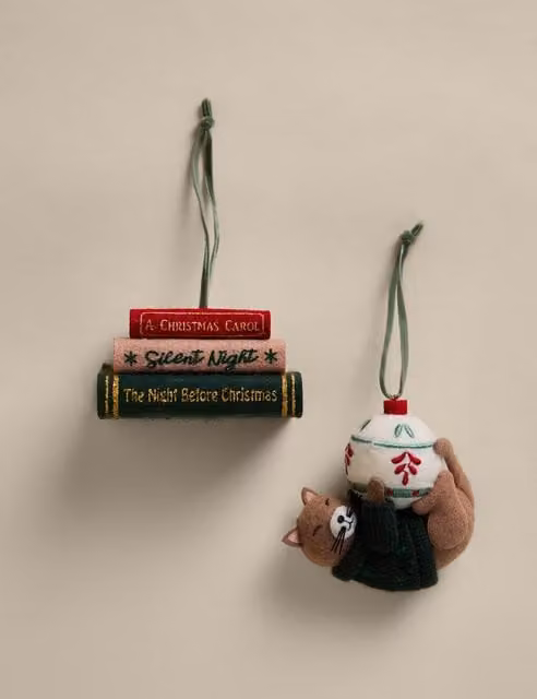 M&S 2 Pack Multicolour Felt Cat and Festive Books Hanging Christmas Decorations
