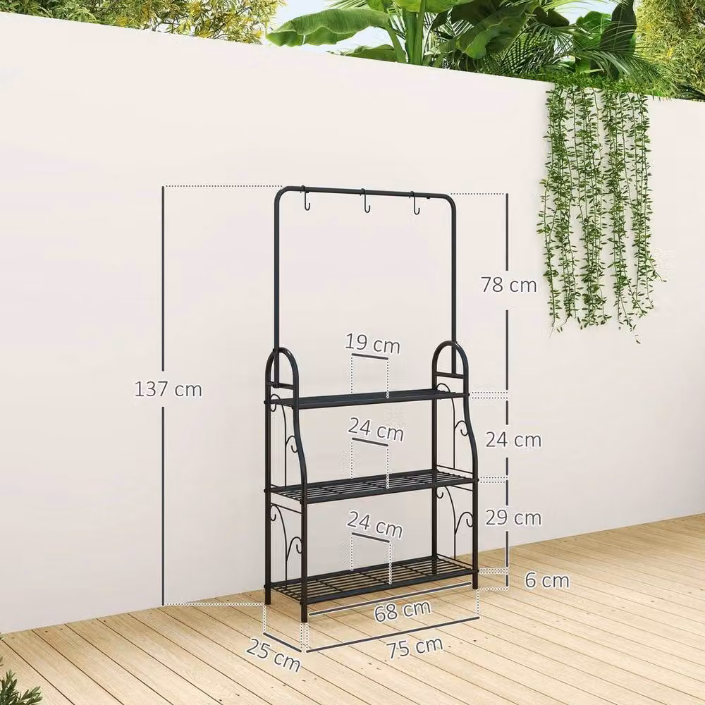 FORGEVIO 3 Tier Metal Plant Stand with Hanging Hooks in Matt Black, H 137 x W 25 x D 25 cm – 2