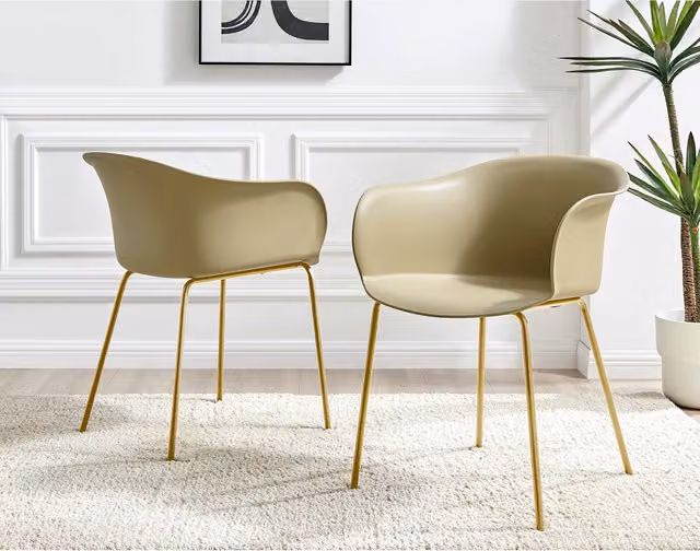Set of 2 FurnitureboxUK Harper Plastic Dining Chairs with Gold Legs in Taupe/Beige