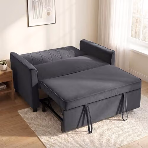 HOMCOM 2 Seater Velvet Sofa Bed in Dark Grey, 3-in-1 Click-Clack Sleeper Loveseat with Solid Wood Frame – 8