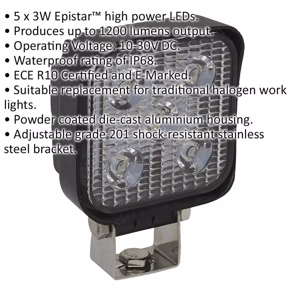 Loops 15W SMD LED Waterproof Work Light and Mounting Bracket, Black Square Floodlight with IP68 Rating – 2
