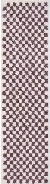 The Rugs Moodi Checkerboard Patterned Shaggy Runner in Beige, Purple and Multicolour