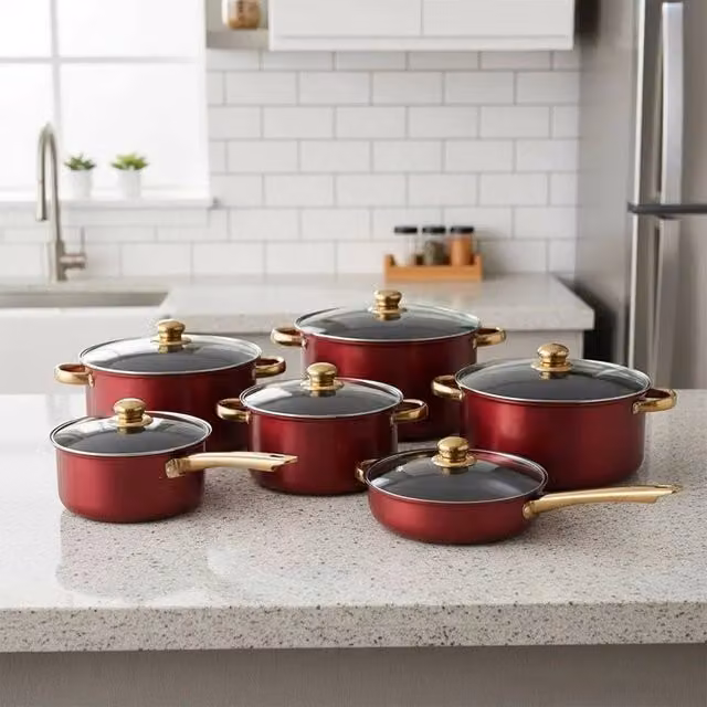 FLAVORA 12-Piece Red Non-Stick Stainless Steel Induction Cookware Set