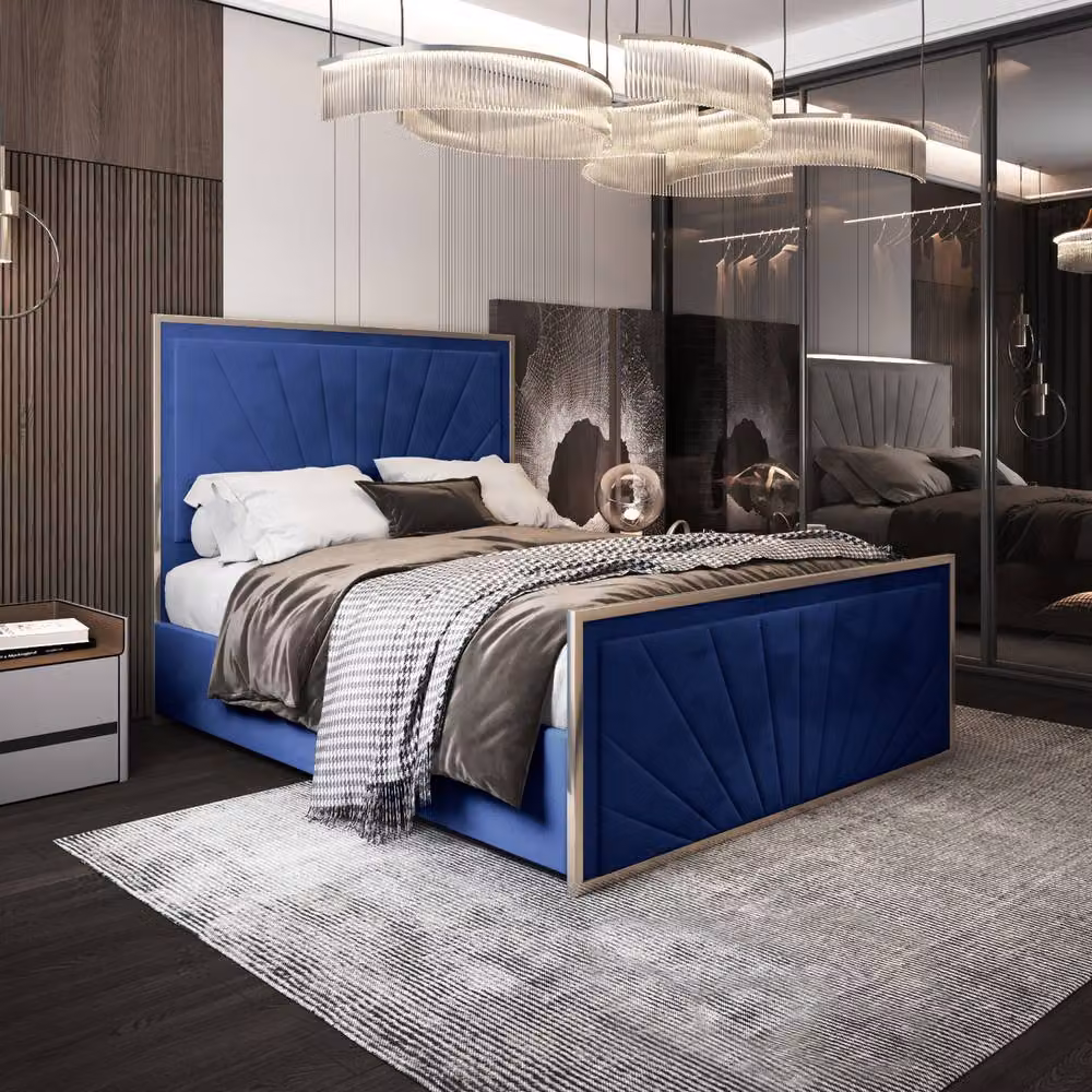 Casani Somerford Double Bed Frame, Blue Velvet Upholstered with Metal Geometric Design, W/D/H: 140 x 200 x 135 cm – 2