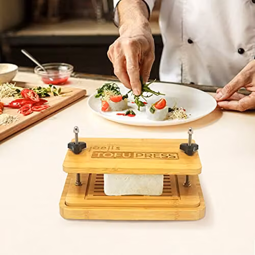 Joeji's Kitchen Bamboo Tofu Press Set with Strainer, Drainer Drip Tray and Ergonomic Grip in Brown – 2