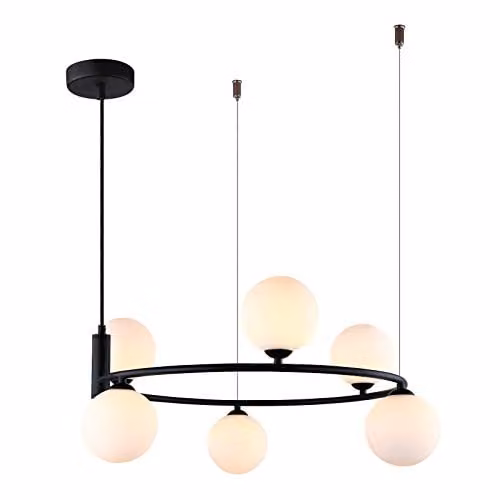 Netlighting Modern Suspended Pendant Light in Black with White Glass Shades, 6 x G9