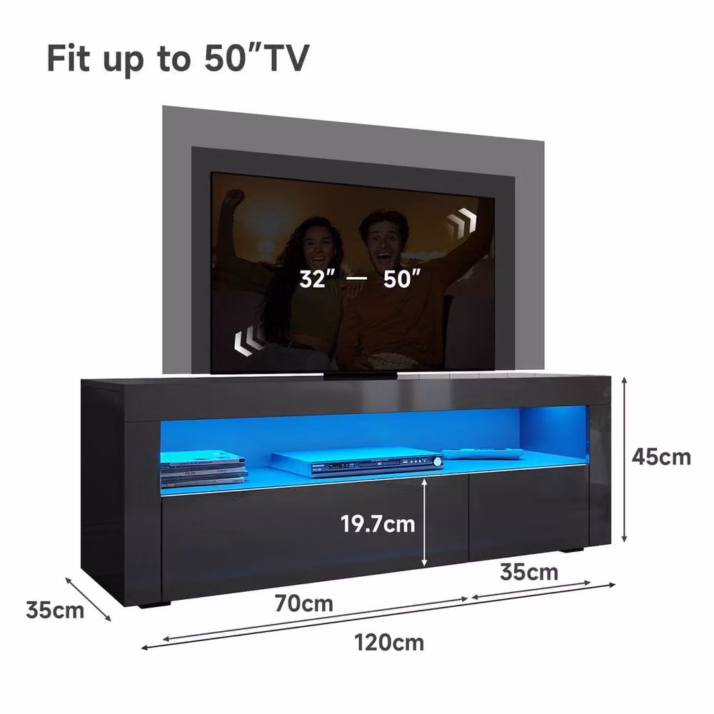ERGOVEXA Black High Gloss TV Stand Entertainment Unit Cabinet with Integrated LED Light, W/D/H: 120 x 35 x 45 cm – 2