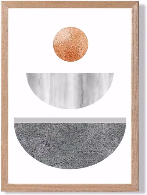 ARTZE Grey and Copper Circles Mid Century Geometric Abstract Framed Print with Oak Wood Frame