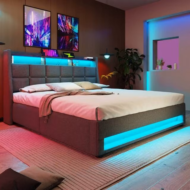 Rolipo Grey Linen Super King Size Storage Bed with LED Lighting, USB Charging Port and Bedside Shelf, W/D/H: 180 x 200 x 117 cm – 1