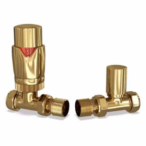 UK Radiators Stirling Bold Thermostatic Radiator Valve and Lockshield Corner Set in Polished Brass – 1