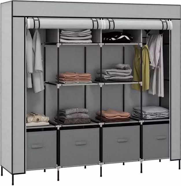 KORVIXA Large Fabric Wardrobe Closet with Roll Shutter Doors and Integrated Drawers in Grey, H 166.0 cm x W 169.5 cm – 1