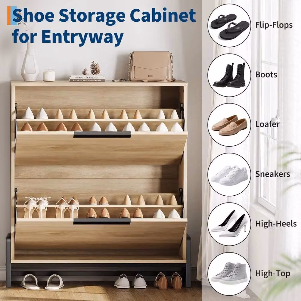 Havendro Narrow Hidden Shoe Storage Organizer Cabinet with 2 Tilting Drawers in Light Oak – 3