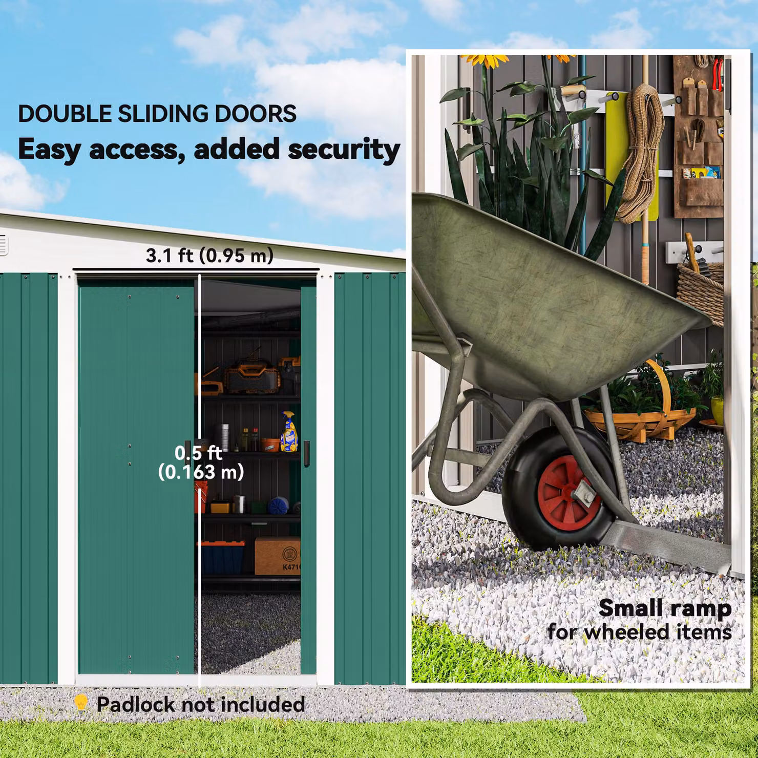 Outsunny Green Metal Lean-to Pent Shed with 2 Sliding Doors and 2 Air Vents – 4