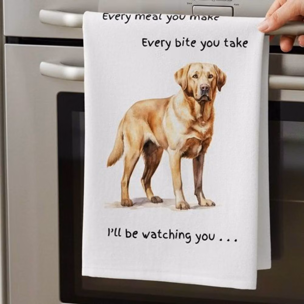 Animal Crackers Yellow Labrador Funny Watching You Cotton Tea Towel, White – 2