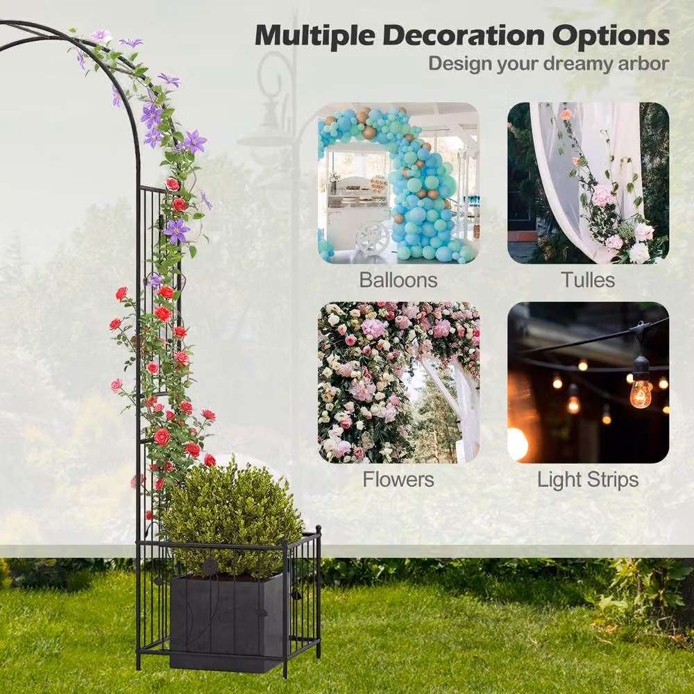 Costway Metal Garden Arbor Arch Trellis with Planter Boxes and Ground Stakes in Black – 6