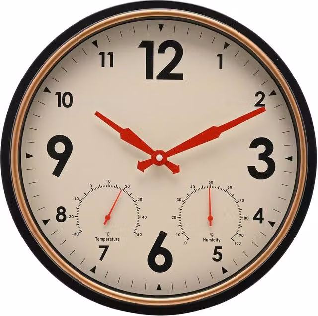 HOMETIME Vintage Round Analog Wall Clock with Thermometer and Hygrometer in Black and Red