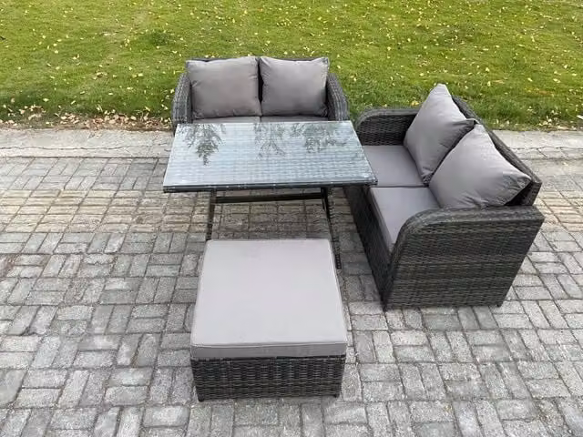 Fimous 4 Piece Wicker Rattan Outdoor Garden Furniture Set with Rectangular Dining Table in Dark Grey