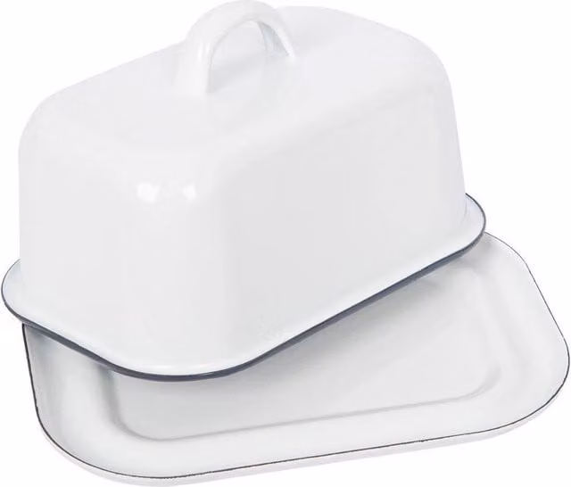 PAWNORA White and Blue Enamel Steel Butter Dish with Loose Lid – 1