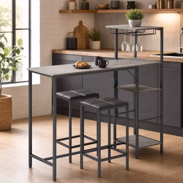 STILVORA 3-Piece Modern Grey Breakfast Bar Set with Storage and Stools – 1