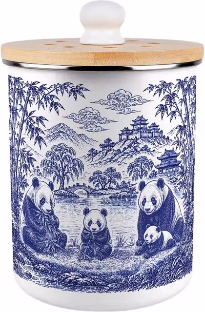 Purely Home Forest Pandas Metal Food Waste Caddy with Flip Lid, 2 l, Blue and White