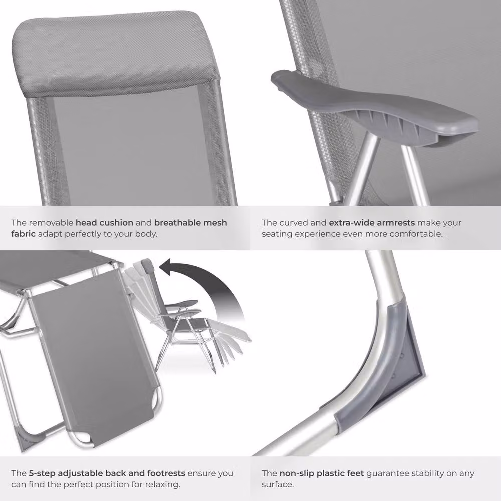 tectake 2-Seater Folding Aluminium Garden Chairs with Adjustable Headrest and Footrest in Grey – 5