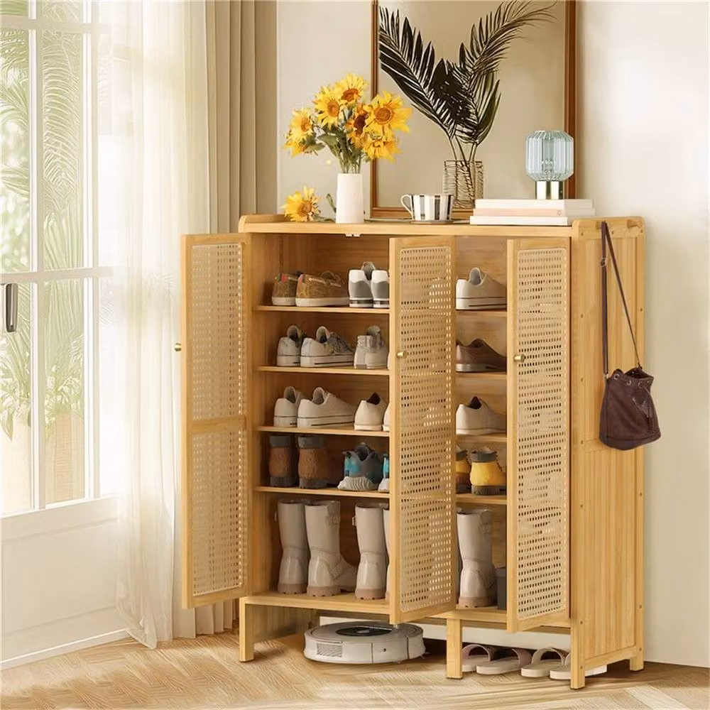KORVIXA Freestanding 20-Pair Shoe Storage Cabinet in Sand with Rattan Hinged Doors, W/D/H: 100 x 20 x 100 cm – 3