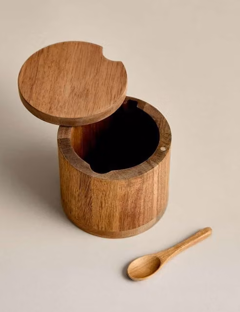 M&S Solid Wood Pot with Spoon in Natural Brown and Beige