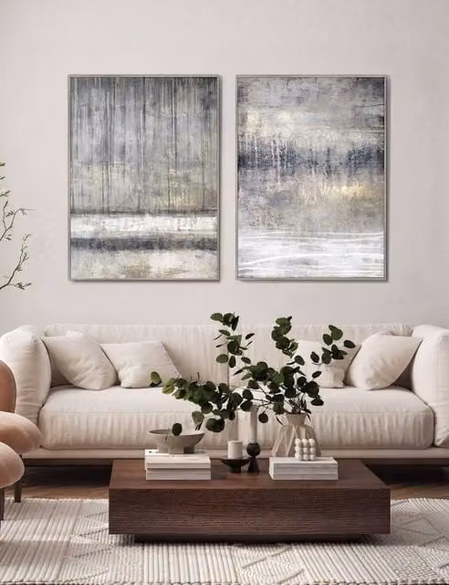 Gallery Direct Set of 2 Torrent Abstract Framed Canvas Wall Art in Grey and Blue