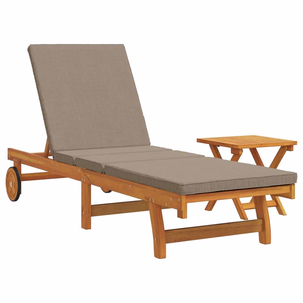 Berkfield Home Wheeled Sun Lounger with Side Tray and Weatherproof Cushion in Brown Solid Acacia Wood – 2