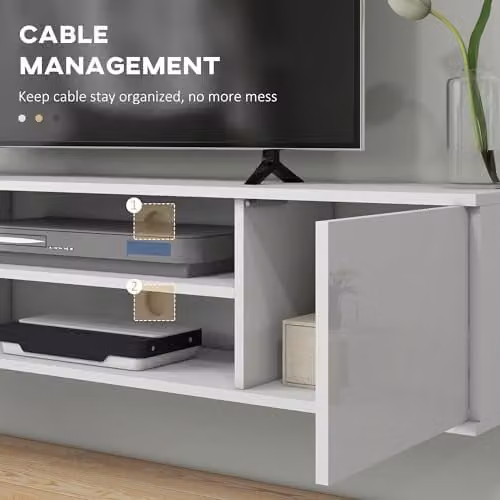 HOMCOM Modern Glossy White Floating TV Stand Cabinet with Open Shelf and Storage Cupboards, W/D/H: 140 x 30 x 30 cm – 6