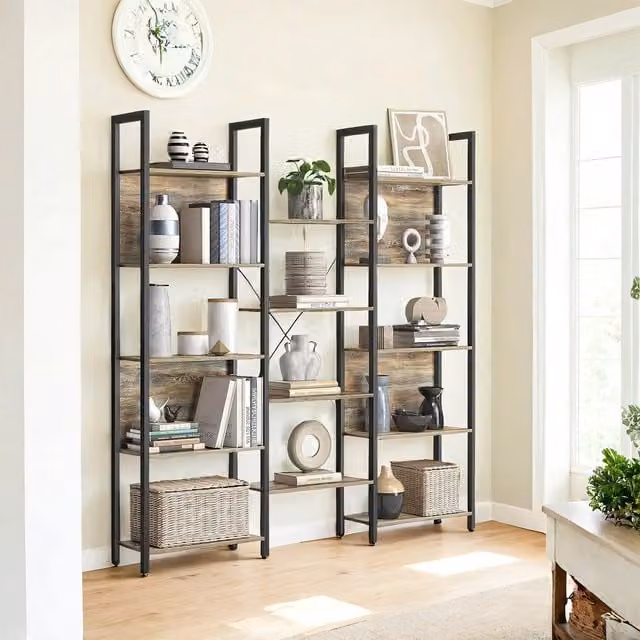VASAGLE Industrial Bookcase with 14 Shelves and Metal Frame, Ebony Black and Brown