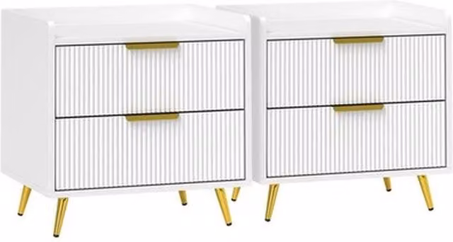 NESTLUNE Set of 2 White and Gold Glossy Bedside Tables with 2 Drawers