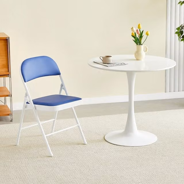 MCC Direct Single Folding Dining Chair with Blue Synthetic Leather Padded Seat and Metal Frame