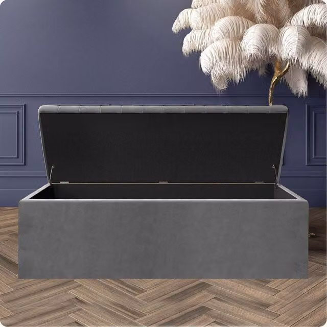 R&M Furnishers Grey Plush Velvet Striped Upholstered Blanket Chest and End of Bed Bench
