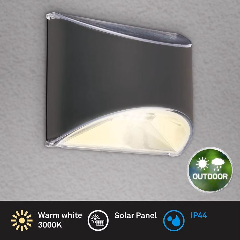 Briloner LED Solar Outdoor Wall Light in Black with Warm White 3000K and Dusk Sensor, IP44 Rated – 2