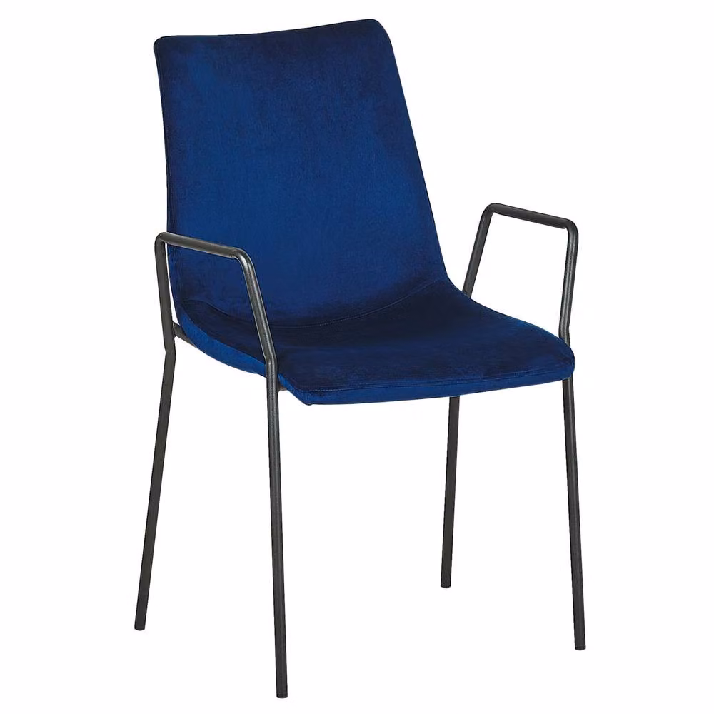 Wyld and Coco Set of 2 Dark Blue Velvet Dining Chairs with Armrests and Metal Legs – 3