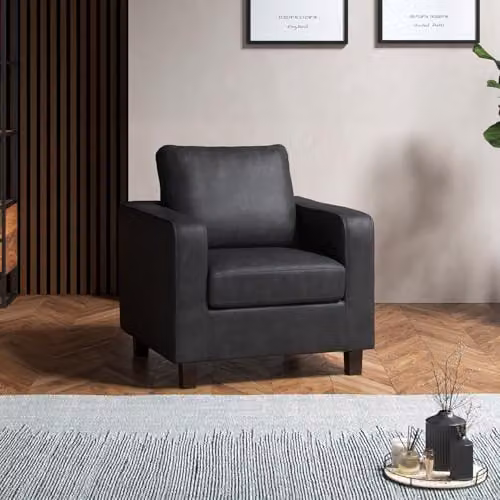 Furnishings For Less UK York 3 Piece Sofa Suite in Black Faux Leather, including 2 Seater Sofa and 2 Armchairs – 3