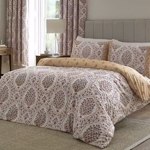 Dreams & Drapes Ashmead Design Double Duvet Cover Set in Berry with Elegant Floral Pattern, Cotton, Includes 1 Duvet Cover (W: 200 cm, H: 200 cm) and 2 Pillowcases (W: 50 cm, H: 75 cm)