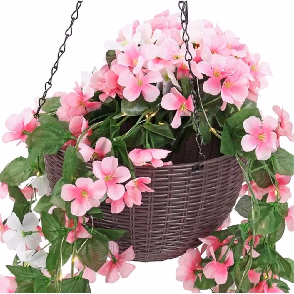 NESTLUNE Solar Powered Artificial Floral Hanging Basket with Warm White LED Lights, Pink, W: 100 cm, D: 15 cm – 4