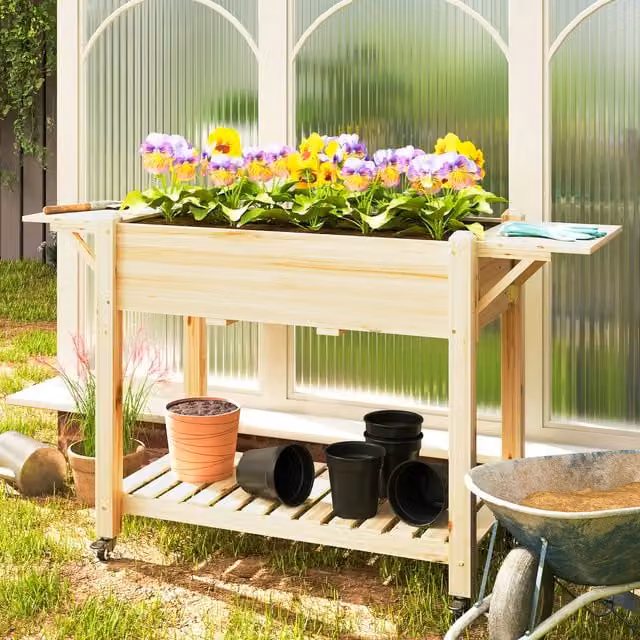 Outsunny Raised Wooden Planter with Lockable Wheels in Brown and Yellow